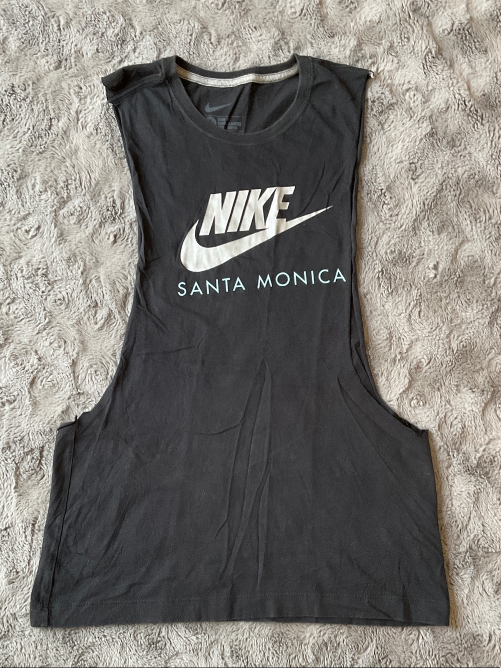 Nike Black Muscle Tank with White Logo and 'Santa Monica' Text